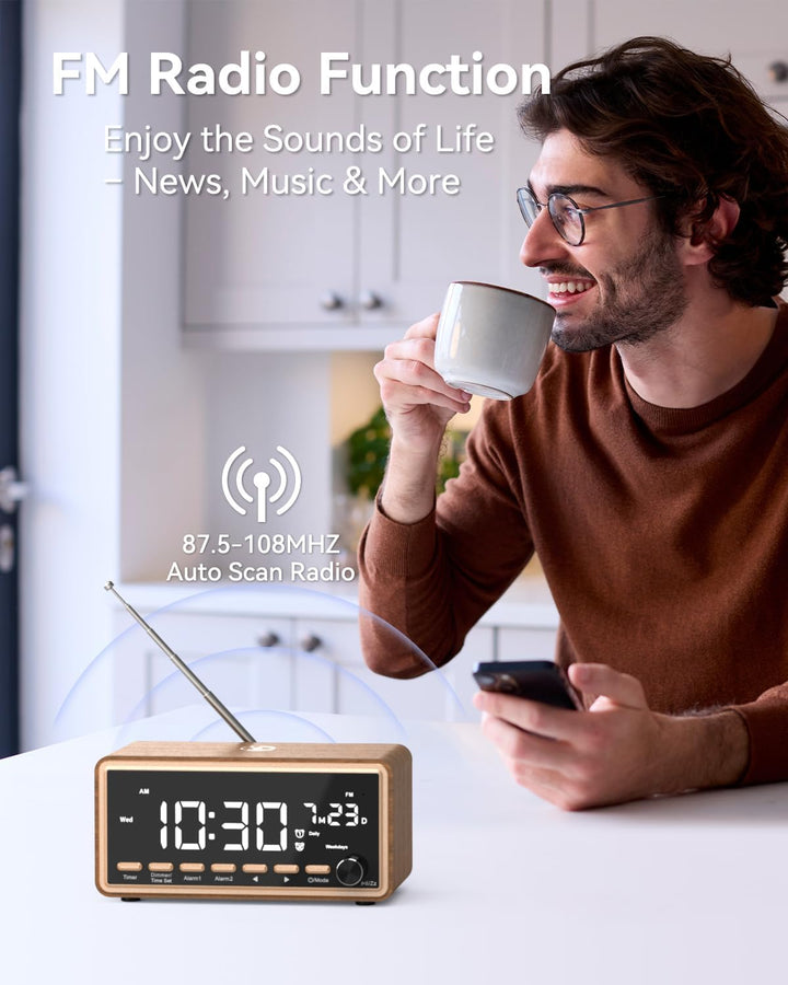 Wecker Digital mit FM-Radio, Dual-Alarm, Bluetooth Lautsprecher, White Noise Machine, Wireless Charg