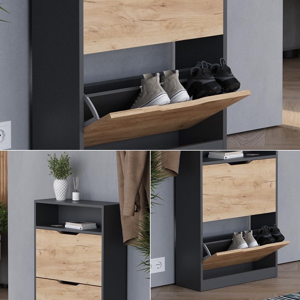 Vicco Schuhkipper Luca, Anthrazit/Goldkraft Eiche, 22 x 89.5 cm mit 2 Fächern Anthrazit/Goldkraft Ei