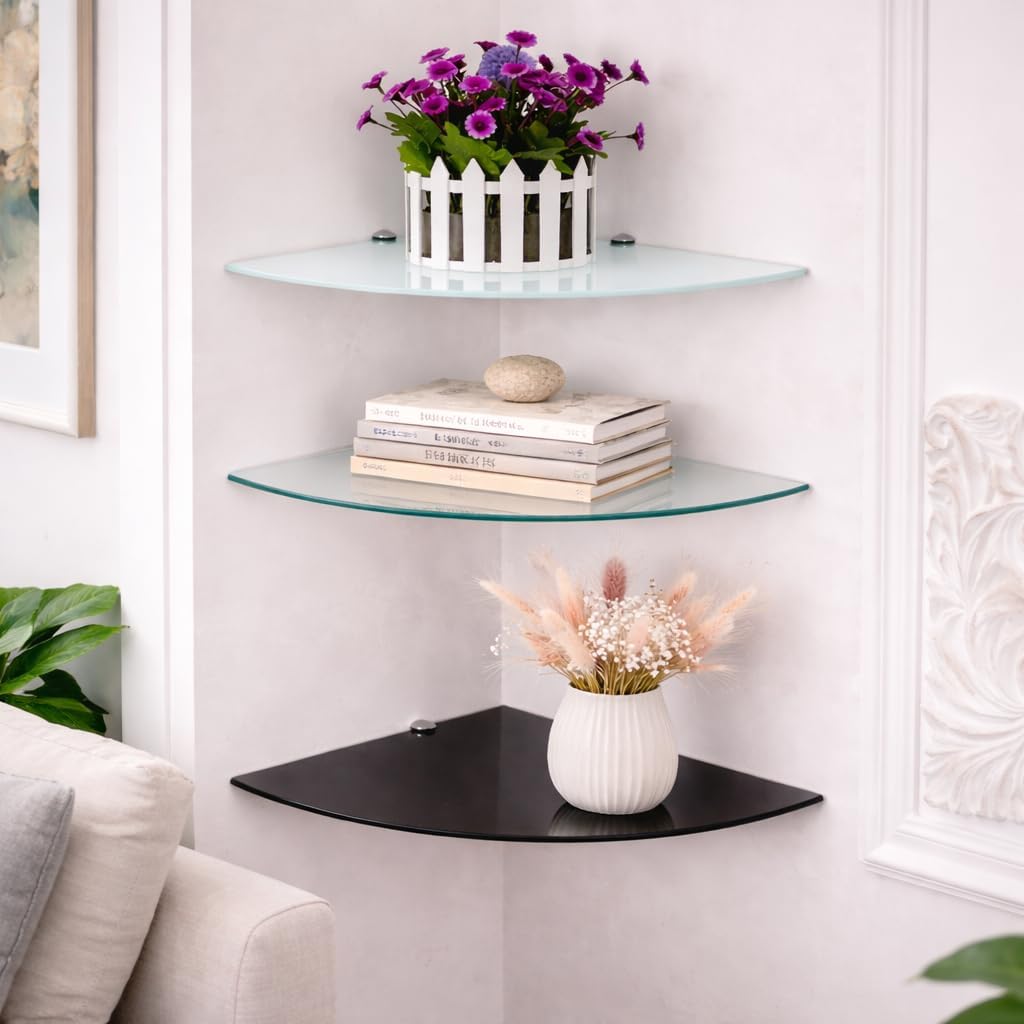 Euro Tische Glas Eckregal 25x25cm, Wandregal für Badezimmer, Duschregal Bad, Glas Badregal mit 6mm E