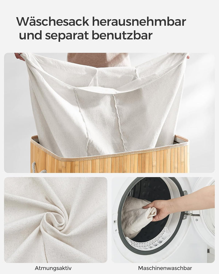 SONGMICS Wäschekorb 3 Fächer, 150 L Wäschesammler mit Deckel, Wäschebox Bambus, mit Griffen, faltbar