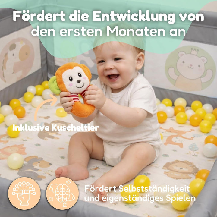 Laufstall für Babys, 150x180 cm, Babymatte, 60 Bälle, Griffe, Tragetaschen, Laufstall mit atmungsakt