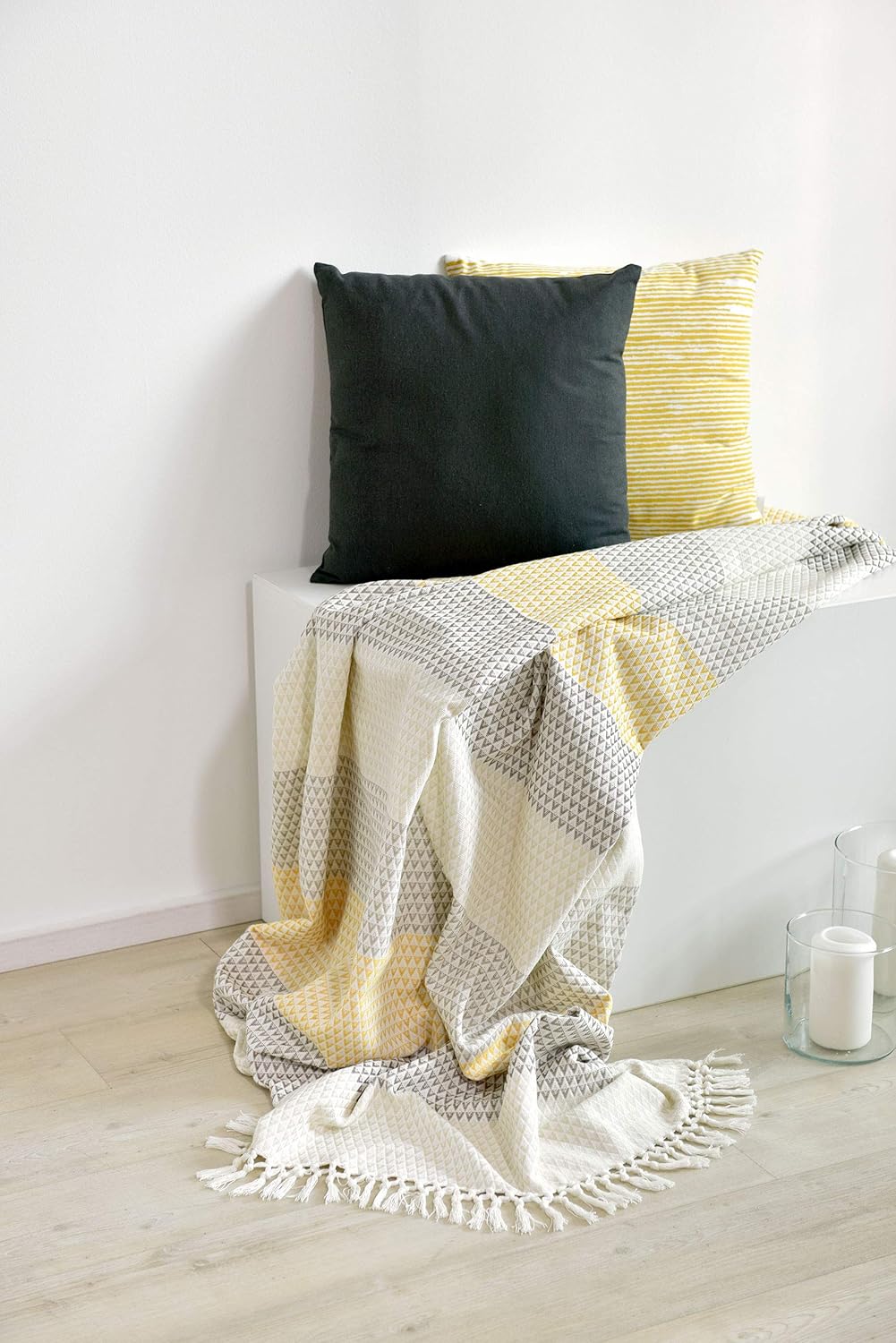 Wohndecke Plaid Dana, 150x200 cm, Weiss (Weiss) Braun Gelb (senfgelb), Gemustert, Boho, Baumwolle, g