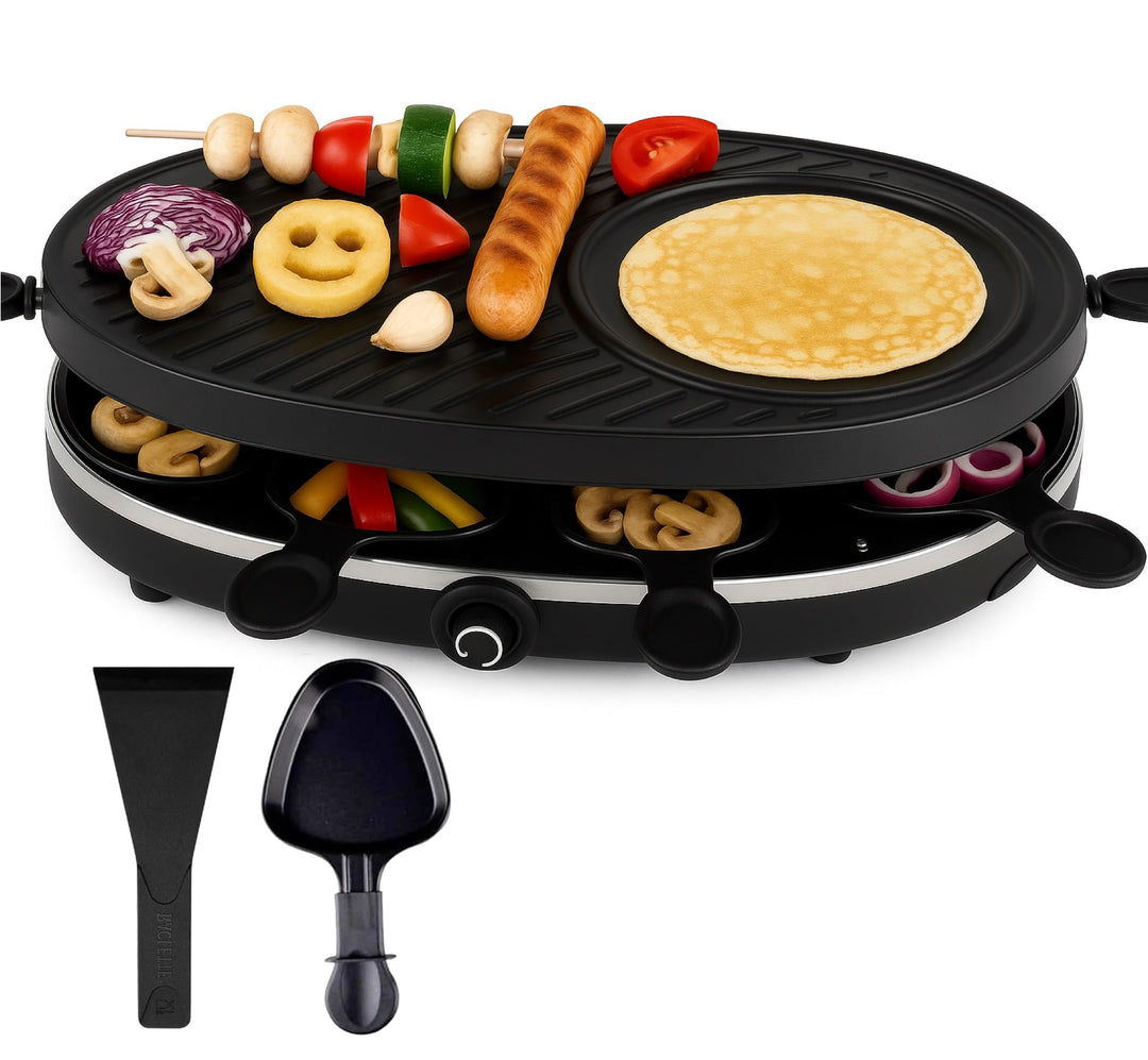Raclette Set für 8 Personen - Grill oval - Mit Crepes Funktion - Tischgrill inkl. Pfännchen & Schabe