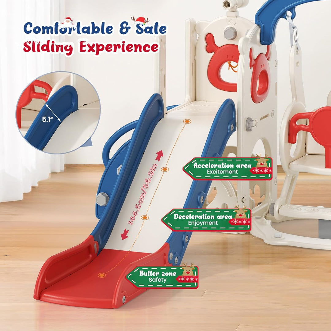 Krovtoy 6-in-1-Kleinkindrutsche, Kleinkindrutsche mit Weihnachtselchmotiv und Schaukelset, Babyrutsc