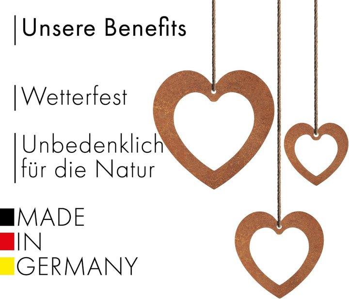 EXTRAVAGANT® 3er Set Herzen Hänger gross Gartendekoration Fensterdeko Türschild Rostdeko Outdoor Met