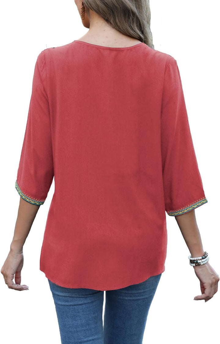 Seasonal Boho Tunika Damen Sommer Mexikanische Blumen Bestickt V-Ausschnitt Top 3/4 Ärmel Hippie Los