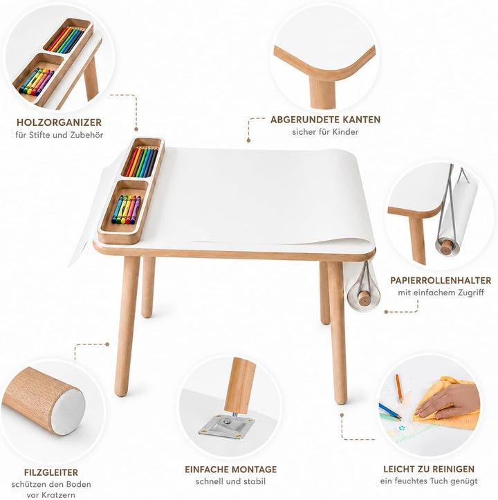 Kindertisch 50x 60x 47cm mit Papierrolle und Organizer– Holztisch für Kinderzimmer | Kinder Tisch, L