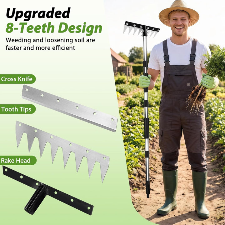 Garten Rechen, Harke Garten aus Manganstahl, Unkrautstecher mit Langem Stiel 155cm, Unkrauthacke Ent