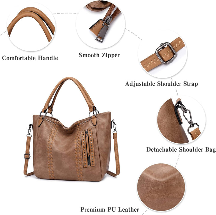 PORRASSO Mode Handtasche Damen Schultertasche Grosse Henkeltasche Frauen PU Leder Umhängetasche Reis
