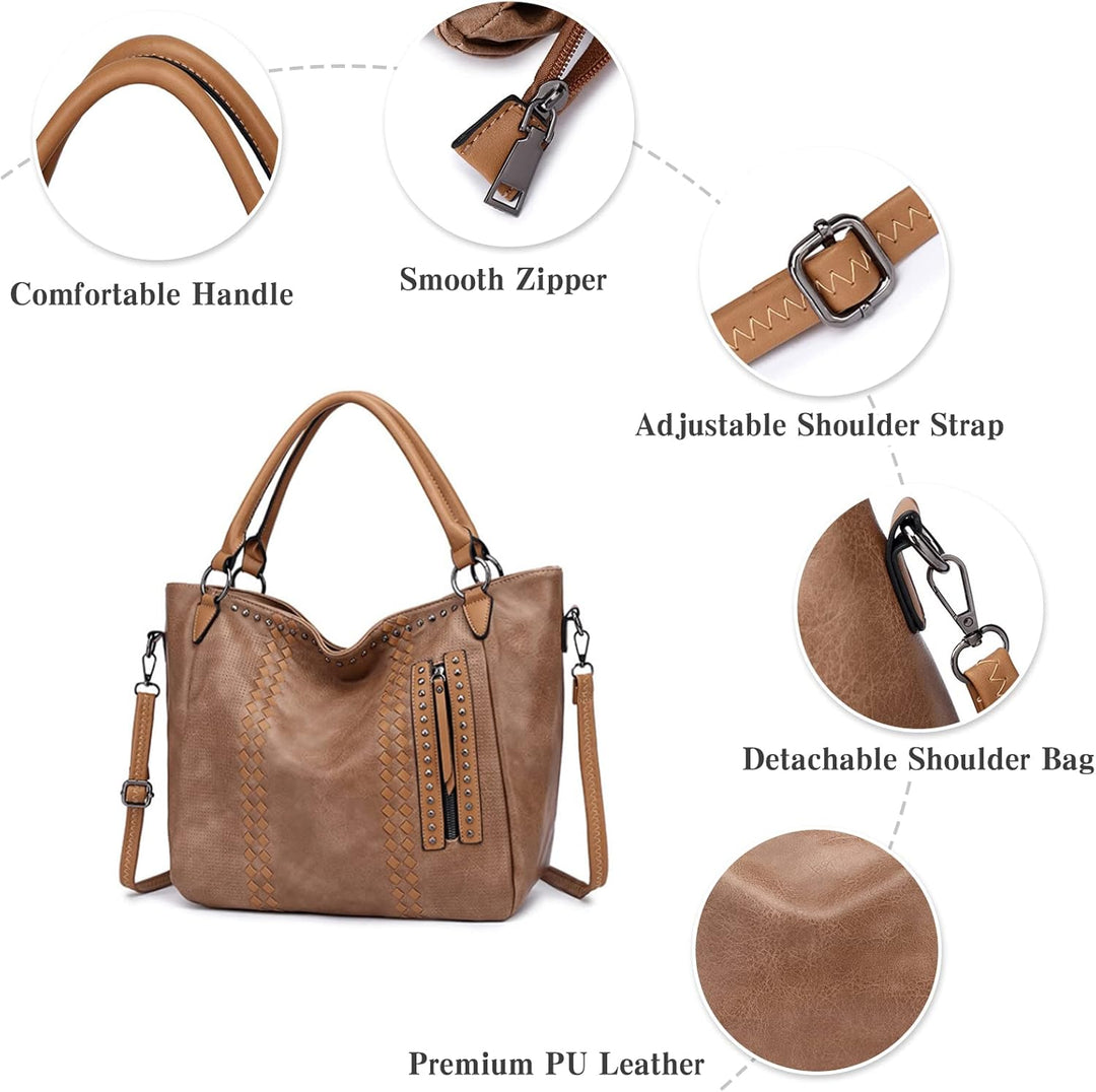 PORRASSO Mode Handtasche Damen Schultertasche Grosse Henkeltasche Frauen PU Leder Umhängetasche Reis