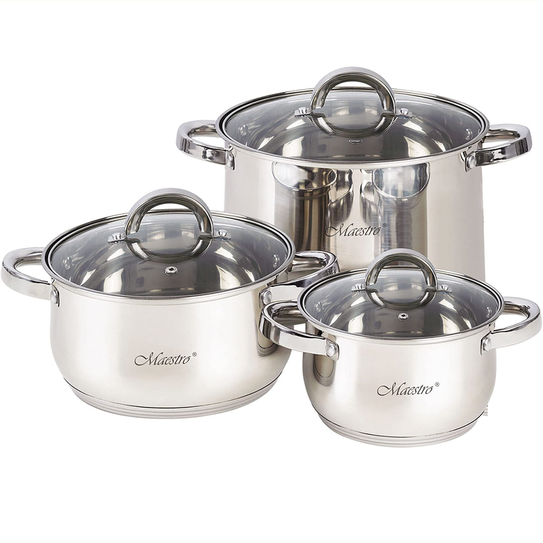 Maestro MR-2120-6L Kochtopf Set Edelstahl, 6-Teilig, Induktion, 3 Topfe, 3 Glasdeckel, Geeignet für