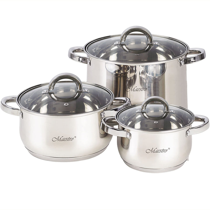 Maestro MR-2120-6L Kochtopf Set Edelstahl, 6-Teilig, Induktion, 3 Topfe, 3 Glasdeckel, Geeignet für