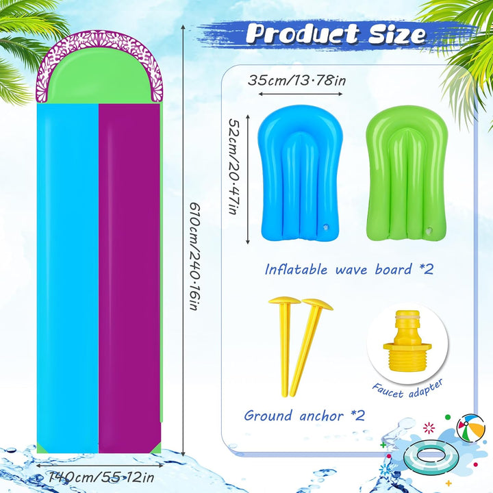 Wasserrutsche Garten für Kinder, 610x240cm Wasserrutschmatte mit 2 Bodyboards, Doppelrutsche mit Ein