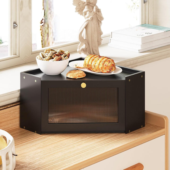 VEDECASA Eck-Brotkasten für Küche Bambus Brotkasten mit Transparenter Acryl-Tür Schwarz Brotkorb für