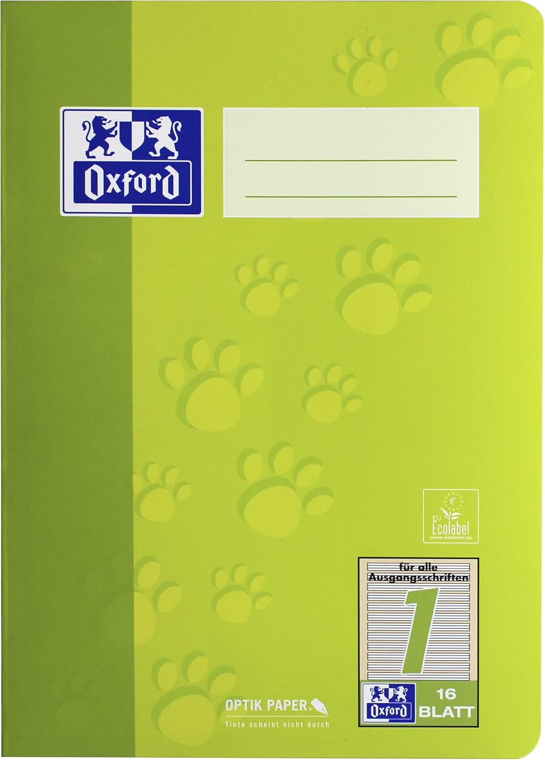 Oxford Schulheft A5, Lineatur 1, 16 Blatt, grün mit Tatzen, 15 Stück (Packung mit 2) 16 Blatt (Packu