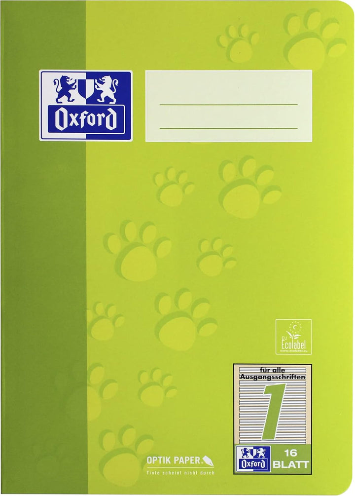 Oxford Schulheft A5, Lineatur 1, 16 Blatt, grün mit Tatzen, 15 Stück (Packung mit 2) 16 Blatt (Packu