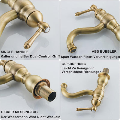 BOAOTX Wasserhahn Bad Antik Messing, Waschtischarmatur Retro, 360°Drehbar Waschbeckenarmatur, Badarm