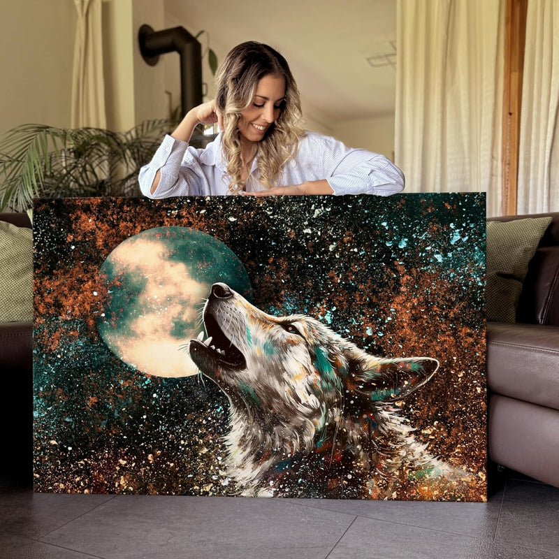 Artmazing | Wolf Bild Bunt | Bild Wolf Mond auf Leinwand | Wolfsbilder Modern | Bilder Wohnzimmer gr