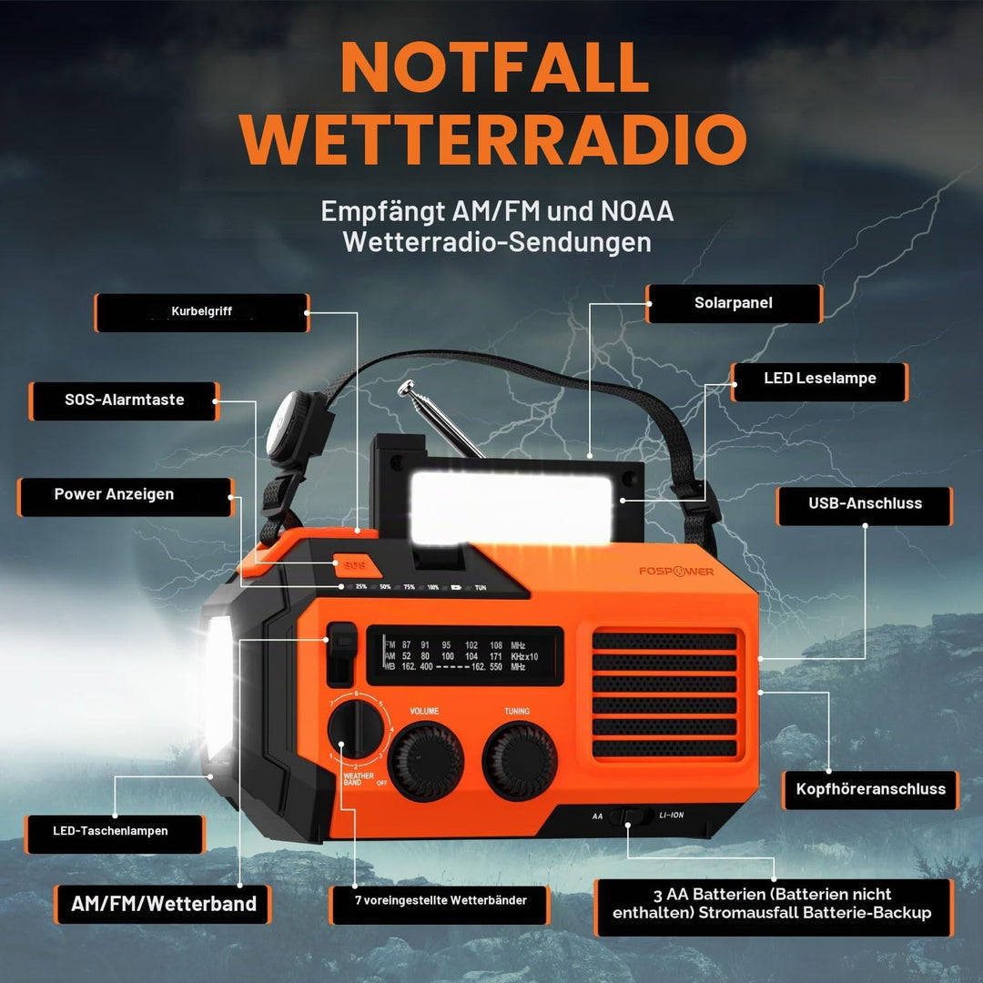 FosPower - Notfallradio NOAA/AM/FM mit 19240mWh (5200mAh) Tragbare Powerbank - Aufladung per USB/Sol