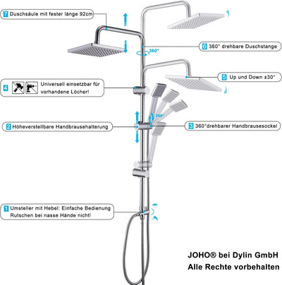 JOHO Edelstahl Duschsystem ohne Duscharmatur Chrom Duschset Überkopfbrauseset mit ABS Kopfbrause 20x