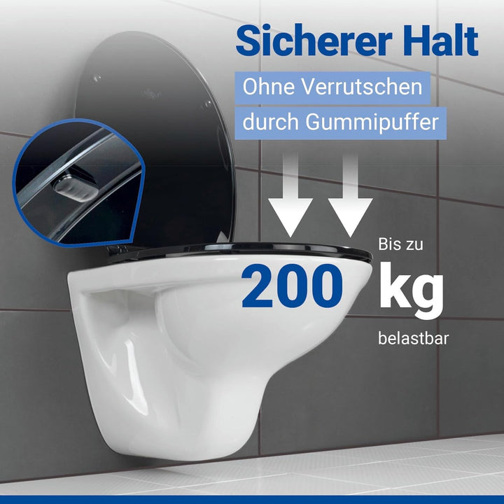 WENKO Premium WC-Sitz Kos Schwarz, Toilettendeckel mit Absenkautomatik und Fix-Clip Hygiene Befestig