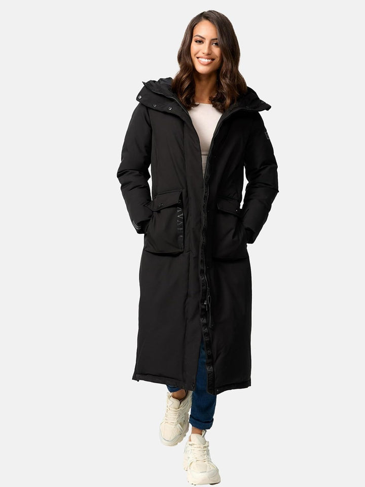 Navahoo Damen Wintermantel Warmer Mantel extralang mit Kapuze Wolkenfrost XIV XS-XXL XL Schwarz, XL