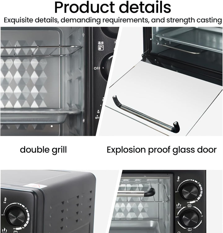 Elektrischer Ofen 22 l, Mini-Backofen mit Sichtfenster, mit 1 Rost und 1 Tablett, regelbarer Thermos