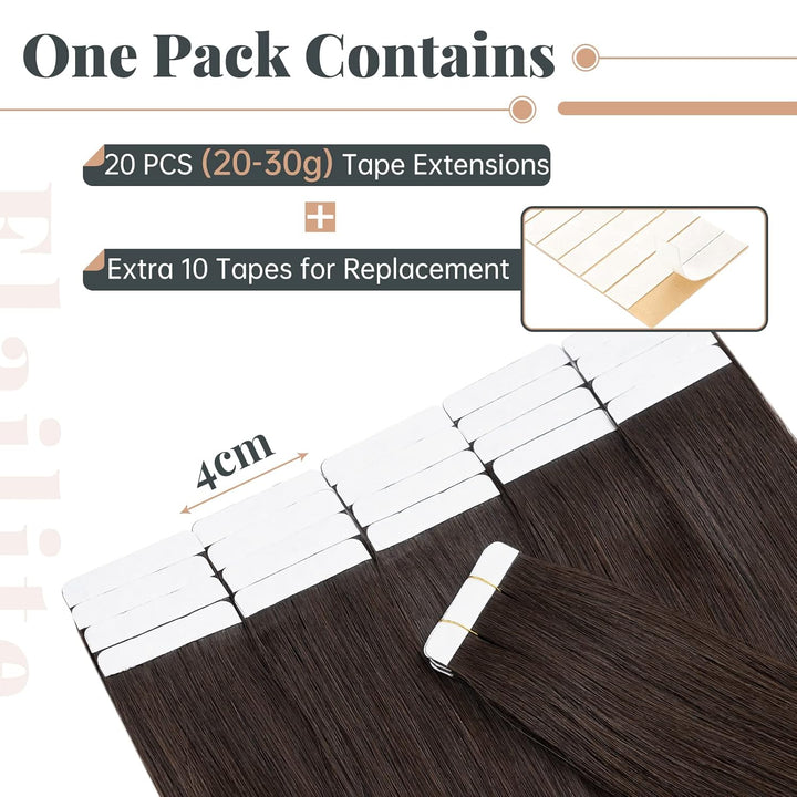 Elailite Echthaar Extensions Tape in 20 Stück #2 Dunkelbraun, Tape in Extensions Echthaar 30g/set, 6