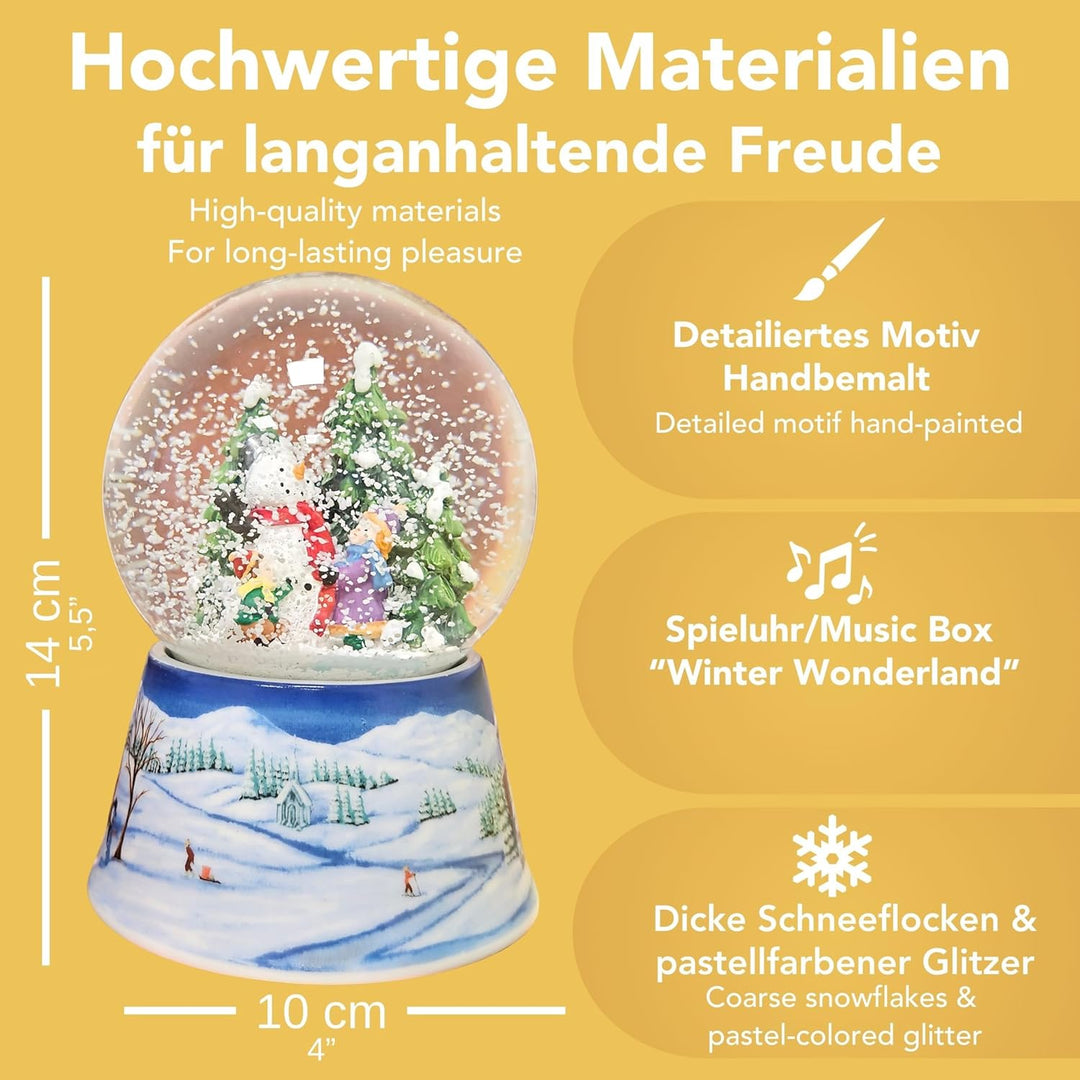 Schneekugel Weihnachten Spieluhr | 2 Kinder Bauen Schneemann | Sockel Winterlandschaft hellblau | mi