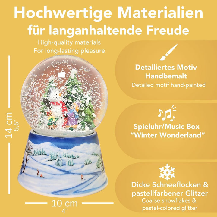 Schneekugel Weihnachten Spieluhr | 2 Kinder Bauen Schneemann | Sockel Winterlandschaft hellblau | mi