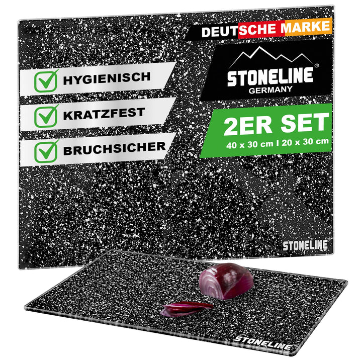 Stoneline Glas Schneidebrett, Schneidbretter Set 2-teilig, Stoneline Optik, hitzebeständig, Schneidb