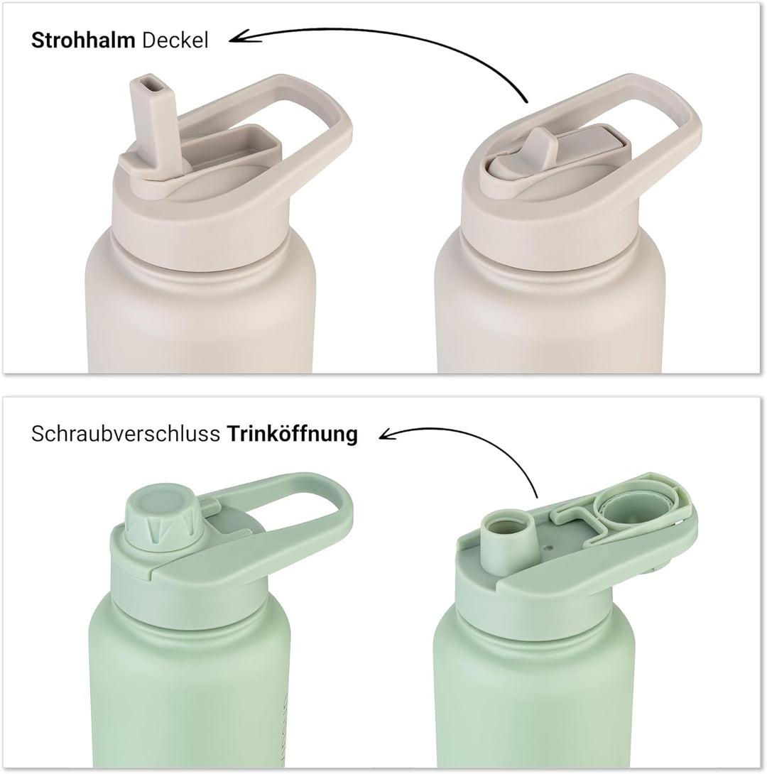 Vinsun Trinkflasche Edelstahl grün 750ml - auslaufsicher, Kohlensäure geeignet, BPA frei - Strohhalm