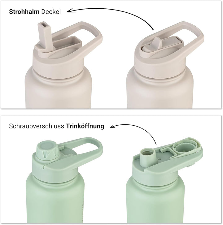 Vinsun Trinkflasche Edelstahl grün 750ml - auslaufsicher, Kohlensäure geeignet, BPA frei - Strohhalm