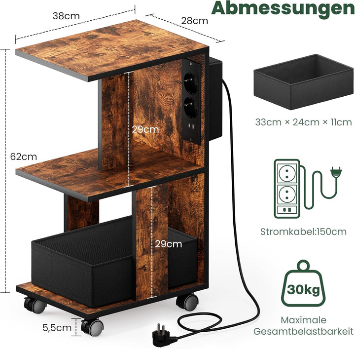 Pamapic Beistelltisch, Nachttisch mit Steckdose, Beistelltisch Schmal, 3 Ablagen C-Form Sofatisch,Co