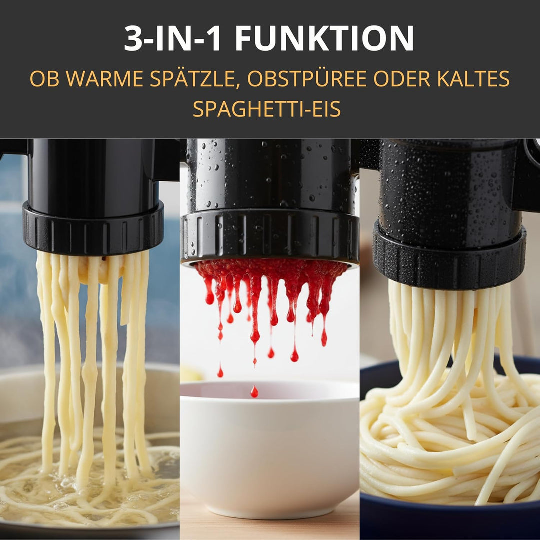 Spätzlepresse & Kartoffelpresse aus Kunststoff – 3 Edelstahl-Einsätze für Spätzle, Spaghetti-Eis, Ka