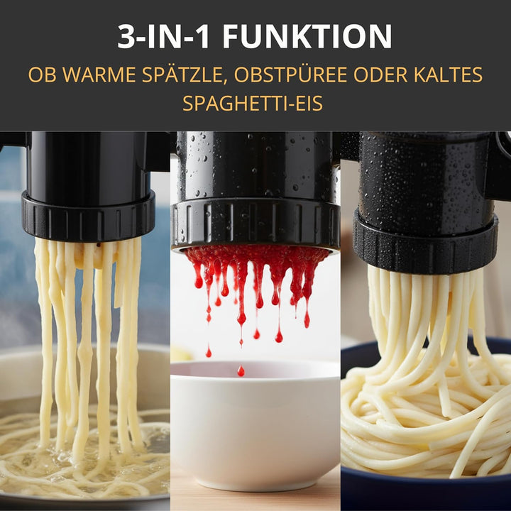 Spätzlepresse & Kartoffelpresse aus Kunststoff – 3 Edelstahl-Einsätze für Spätzle, Spaghetti-Eis, Ka