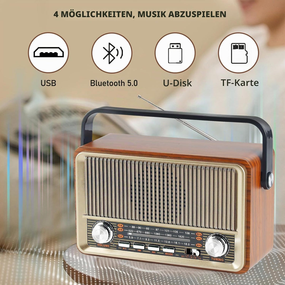 Retro Radio mit Bluetooth, Nostalgie Kofferradio Klein mit AM/FM/SW3, USB/TF/AUX, Wiederaufladbar, K