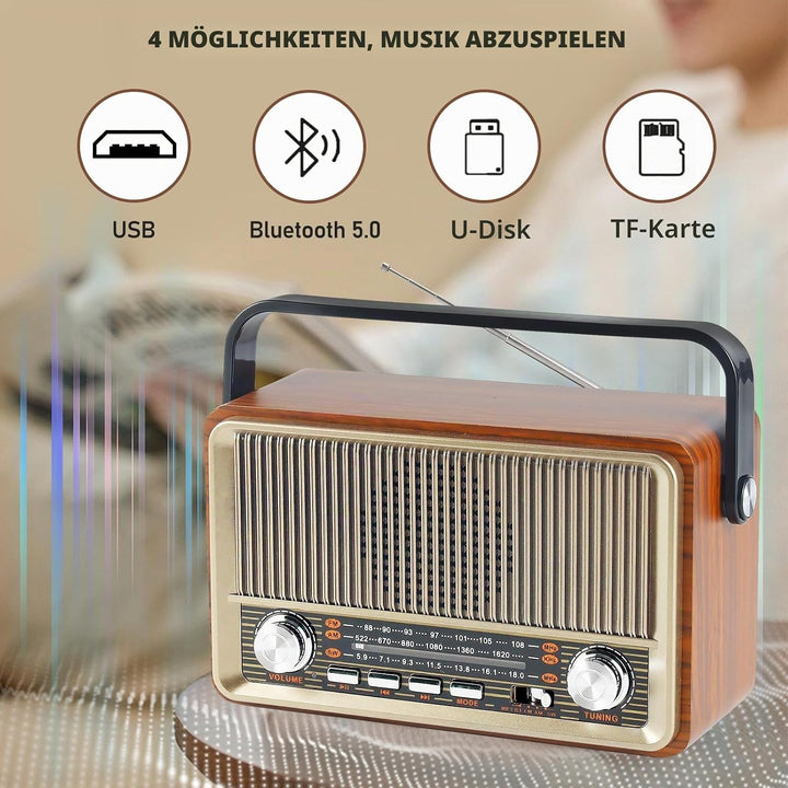 Retro Radio mit Bluetooth, Nostalgie Kofferradio Klein mit AM/FM/SW3, USB/TF/AUX, Wiederaufladbar, K