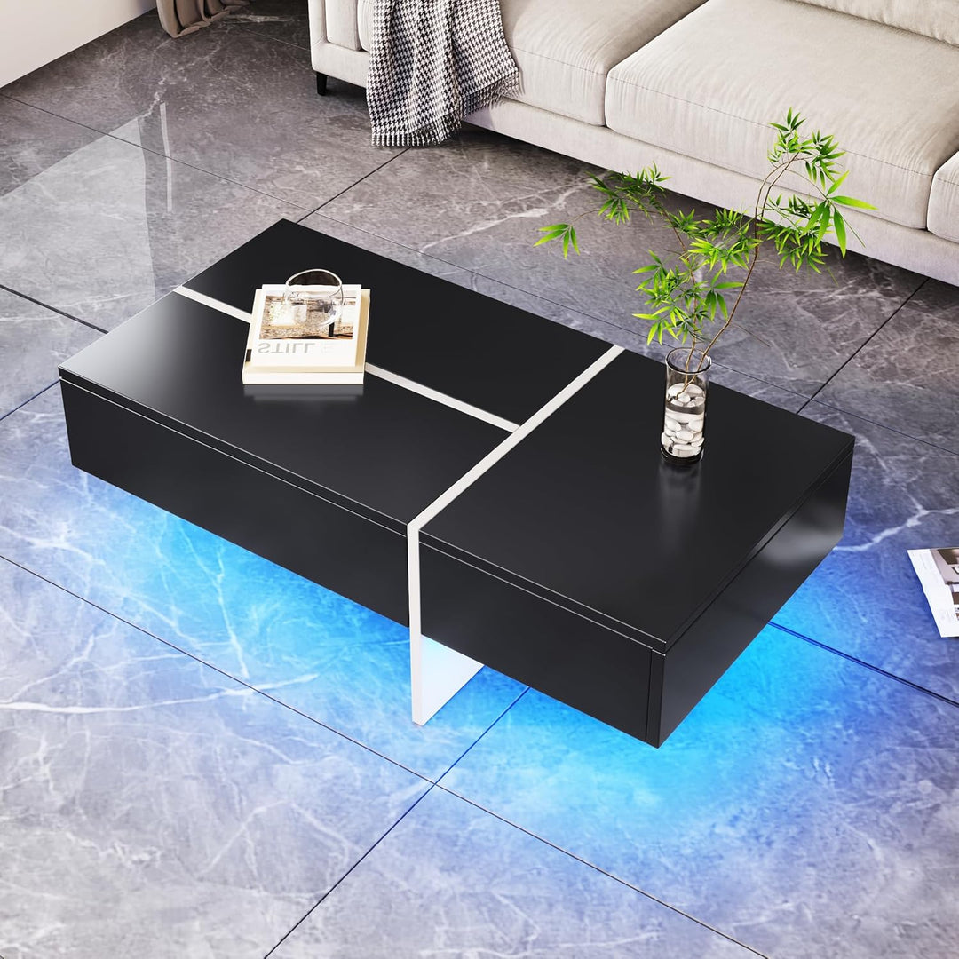 Merax Moderner LED Couchtisch, Wohnzimmertisch mit 3 Schubladen, Hochglänzender Couchtisch, schwarz-