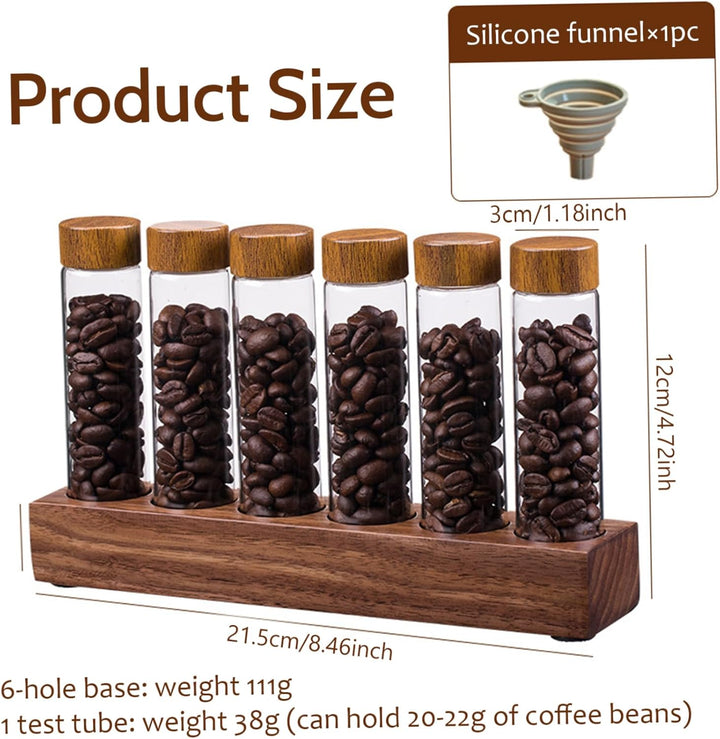 Kaffeebohnen -Röhren Kaffeebohnenkeller 6pcs Einzeldosis Kaffeebohnen -Lagerrohre mit Holzständer ＆