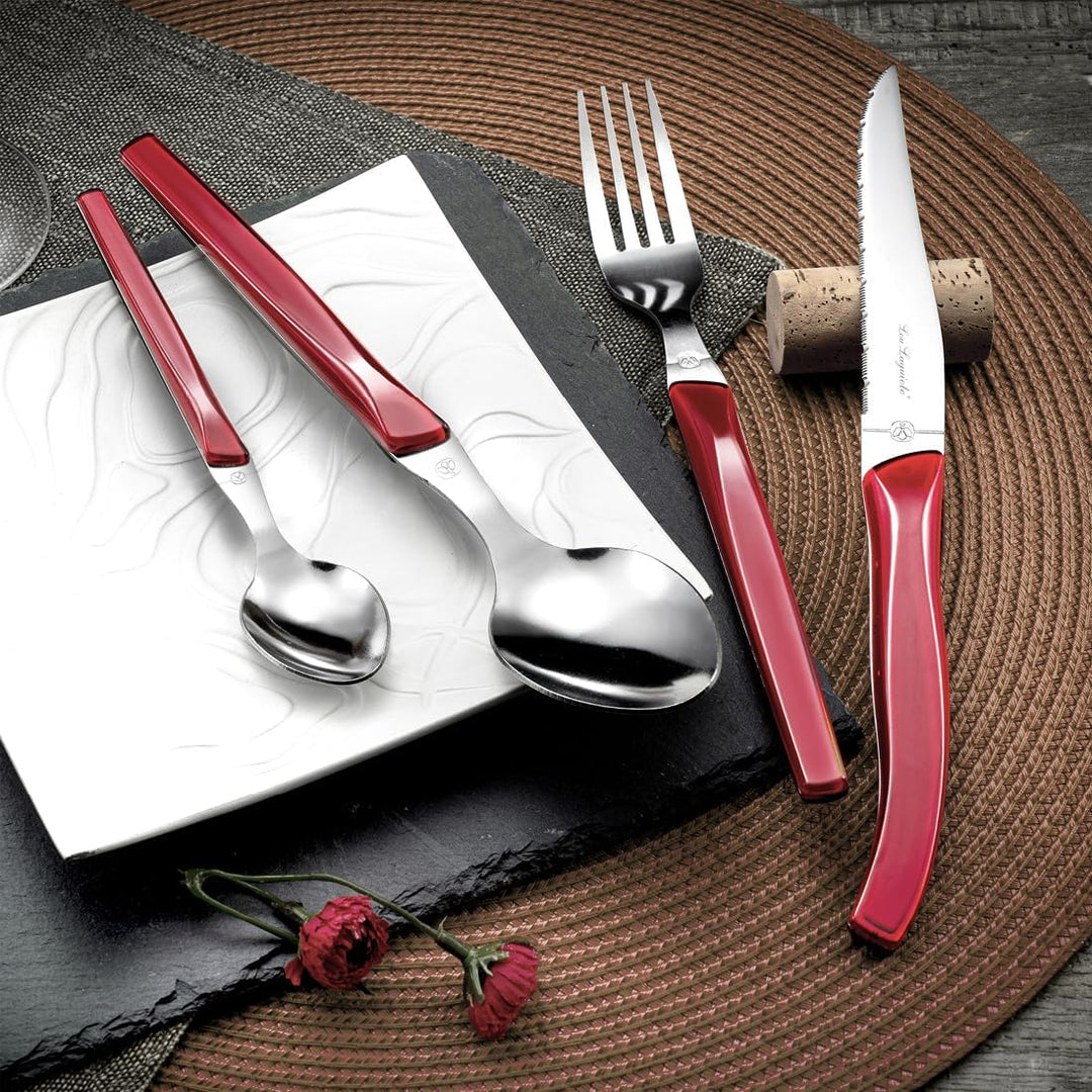 Lou Laguiole RISING SUN Besteck Set 6 Personen | 24-teilig | Rot glänzend | Essbesteck 6 Personen sp