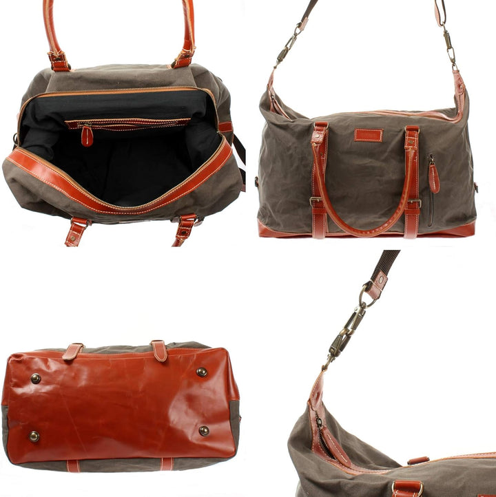 LECONI Weekender gross Canvas + Echt-Leder Retro Reisetasche Unisex Damen + Herren Sporttasche Reise