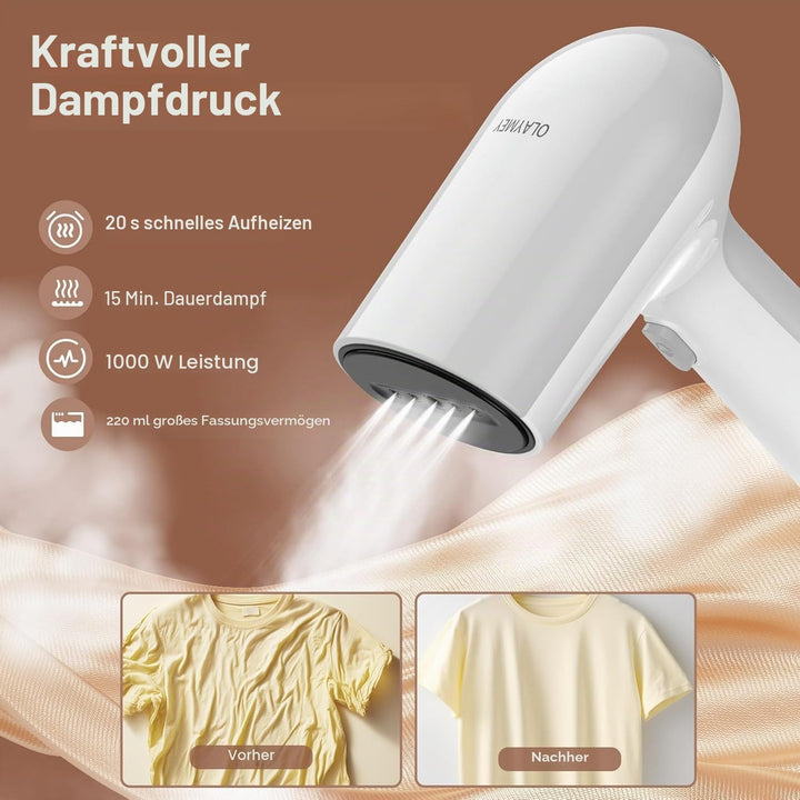 OLAYMEY steamer Dampfglätter 1000W, Steamer für Kleidung, 220ml Wassertank, Tragbarer Dampfbügeleise