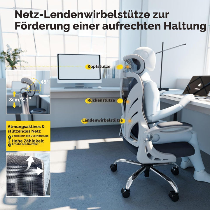 HOLLUDLE Ergonomischer Bürostuhl mit Klappbarer Rückenlehne, Schreibtischstuhl mit 2D Kopfstütze, Ho