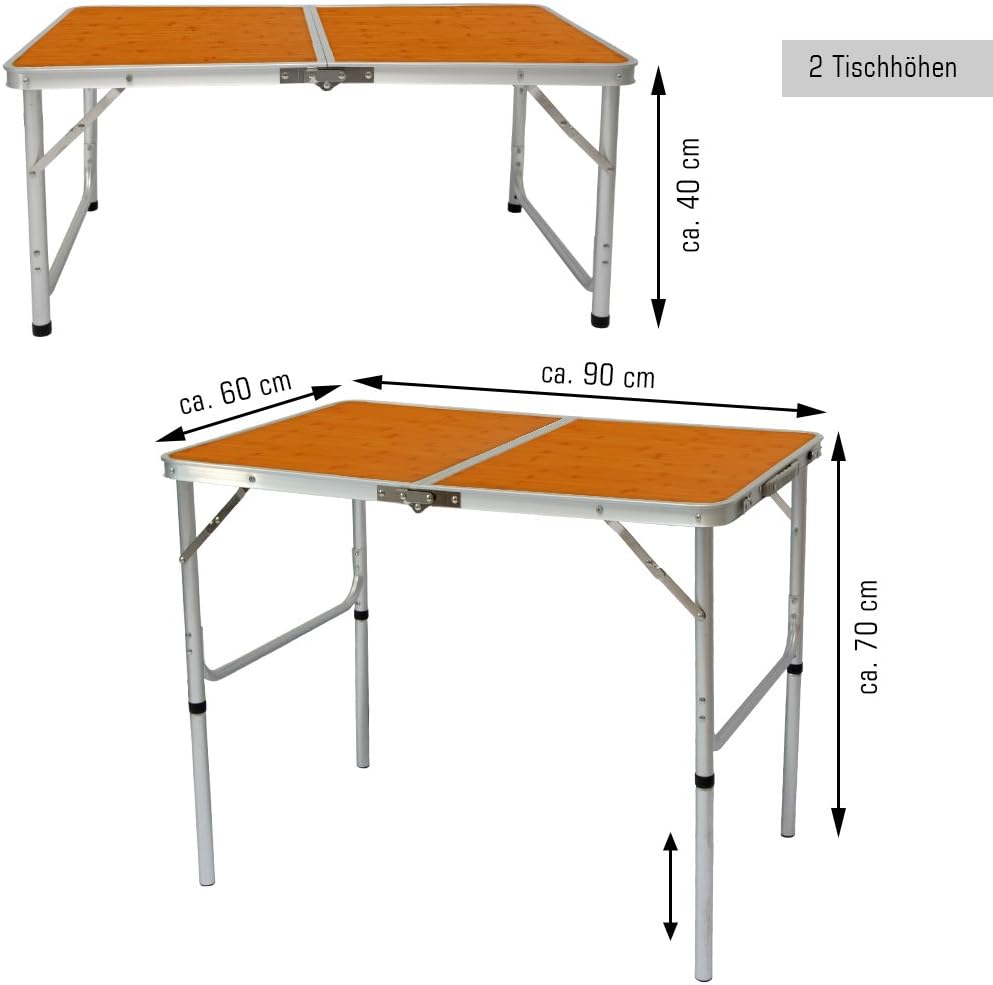 AMANKA Alu Campingtisch 90x60cm - Klapptisch Picknicktisch Leichter Falttisch höhenverstallbar Bambu