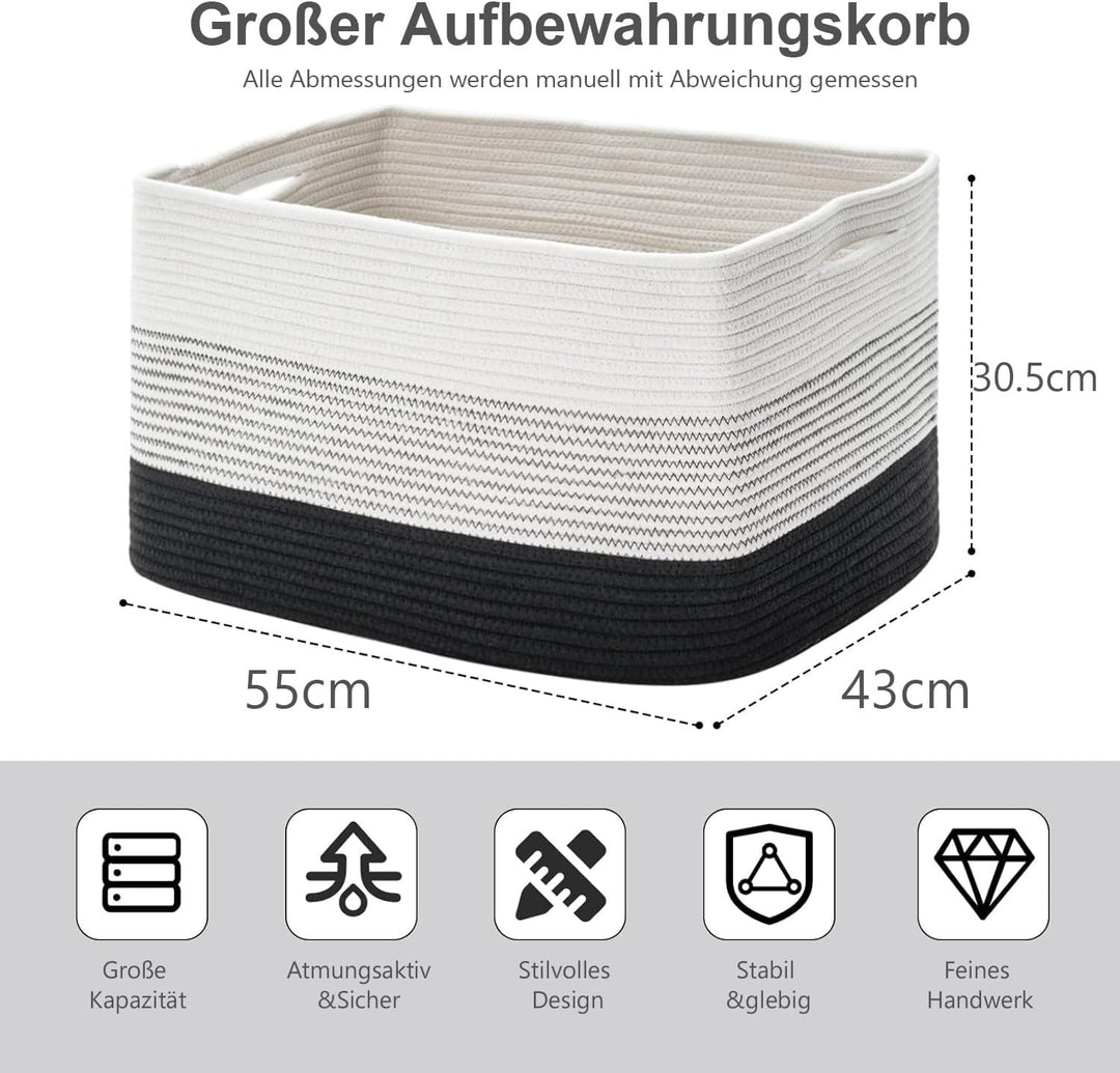 Wäschekorb geflochten aus Baumwolle (55x43x30,5cm) - Handgefertigter Wäschesammler mit Griff - Weiss