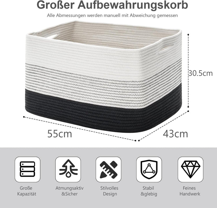 Wäschekorb geflochten aus Baumwolle (55x43x30,5cm) - Handgefertigter Wäschesammler mit Griff - Weiss