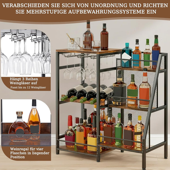 3-Tier Abgestufte Liquor Cabinet Mini Bar, Freistehendes Weinregal mit Geländer und Glashalter, Meta