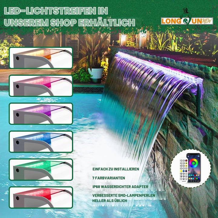 LONGRUNNEW Teich Wasserfallklingen Set, 90 cm Acryl Poolfontäne mit Zubehör, Breite 18 cm Gebogene A