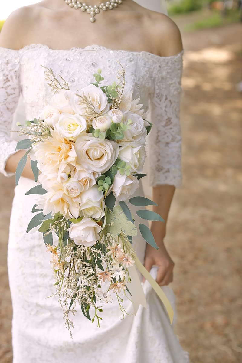 Ansofi Hochzeitssträusse für Braut, kaskadierende Blumensträusse für Braut, Beige Rose, künstlicher